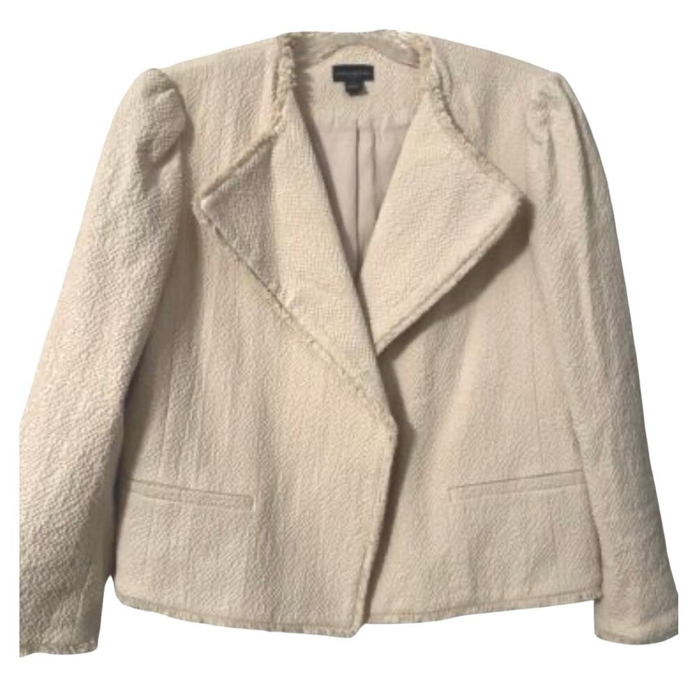 Ann Taylor Textured Drape Front Jacket Fringe Edge Blazer Beige Size 6 neutral